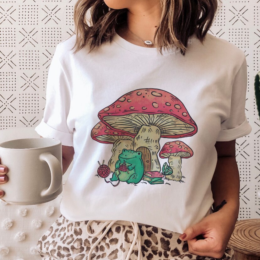 Ladies Mushroon Frog Tshirt Fashion Cartoon Animal Lady Print Tee