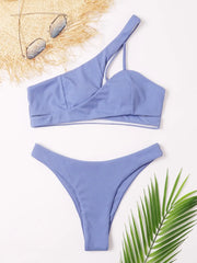 Solid Ribbed One Shoulder Bikini Set Basic Swimsuit