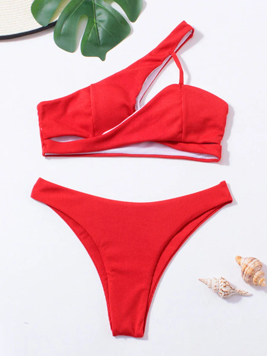 Solid Ribbed One Shoulder Bikini Set Basic Swimsuit