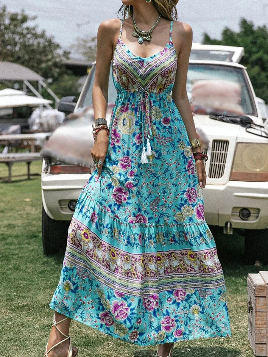 Summer Bohemian Floral Print Beach Sundress Boho Dress