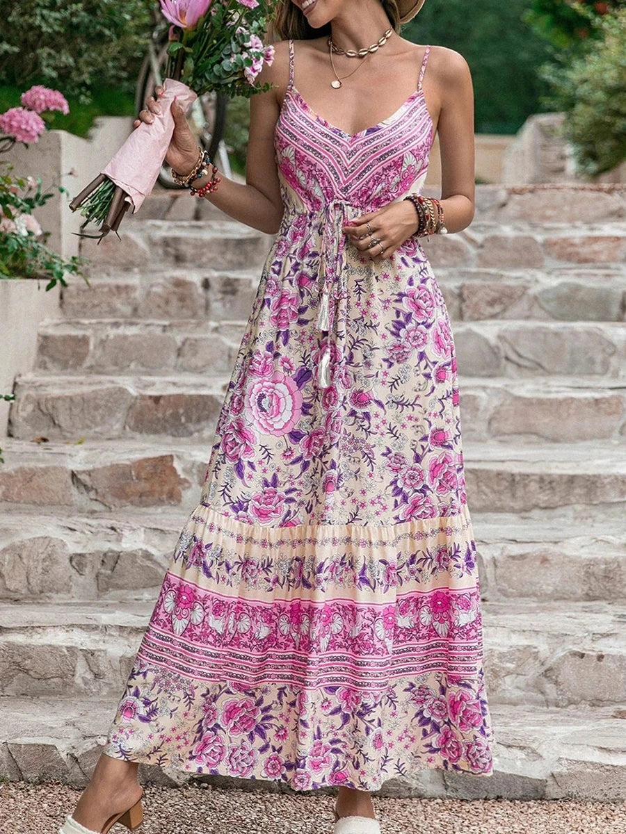 Summer Bohemian Floral Print Beach Sundress Boho Dress