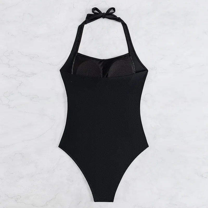 Black Halter One Piece Basic Swimsuit