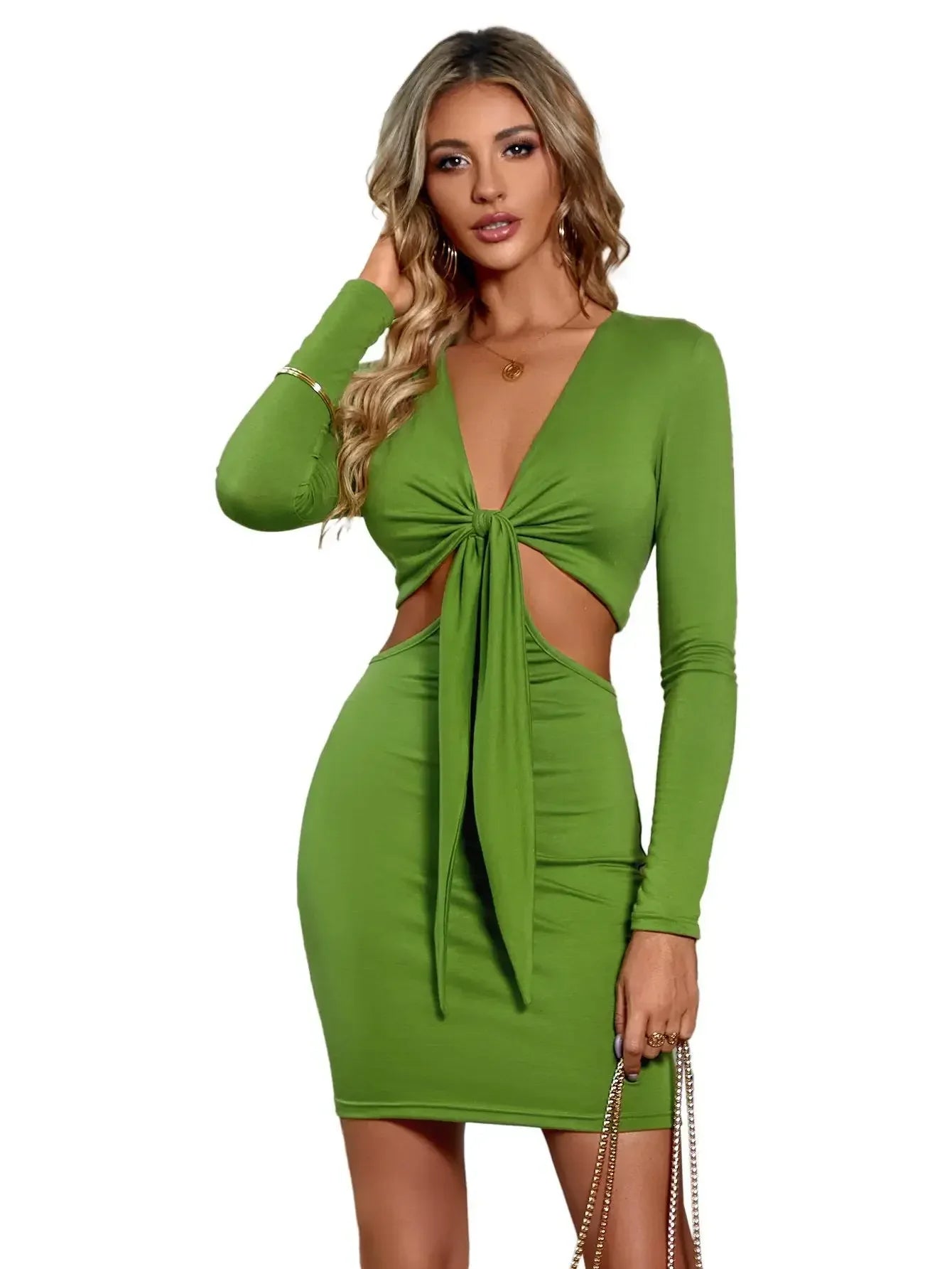 Mid Waist  Split V Neck Elastic Outfits Solid Midi Dresses