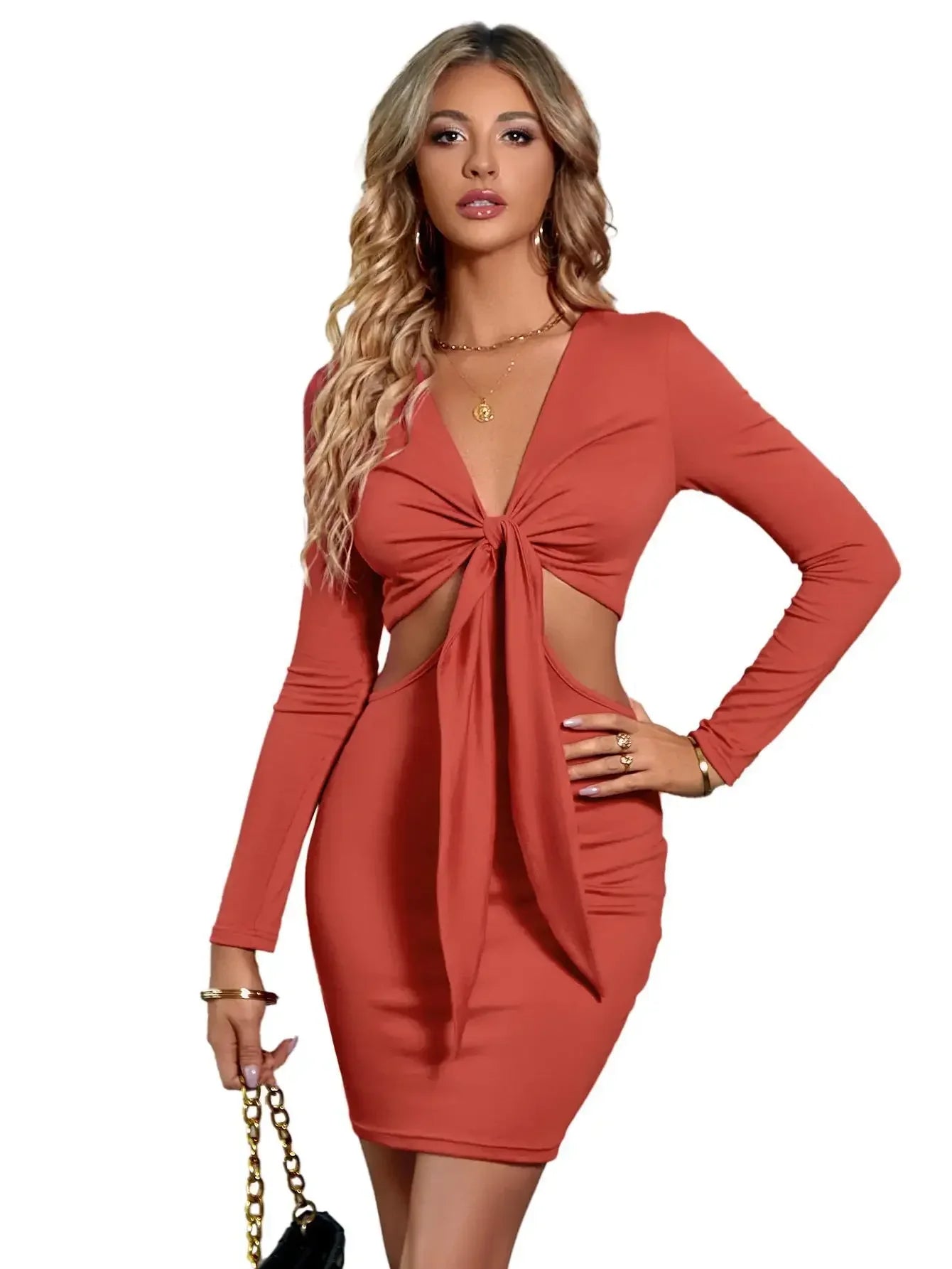 Mid Waist  Split V Neck Elastic Outfits Solid Midi Dresses