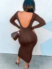 Backless  Elegant Evening Club Birthday Brown Sleeve  Midi Dresses