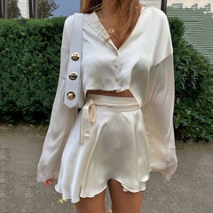 White Elegant Satin  Crop Lantern Long Sleeve Mini Tennis Sports Skirt