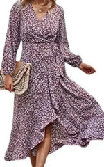 Floral Print Elegant Casual V Neck Sun Midi Dresses