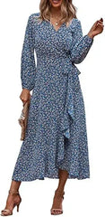 Floral Print Elegant Casual V Neck Sun Midi Dresses