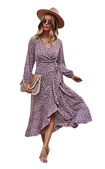 Floral Print Elegant Casual V Neck Sun Midi Dresses