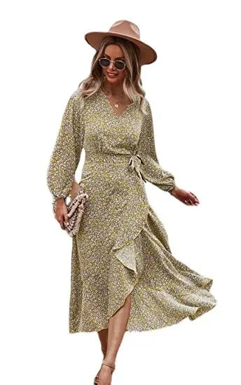 Floral Print Elegant Casual V Neck Sun Midi Dresses