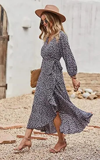 Floral Print Elegant Casual V Neck Sun Midi Dresses