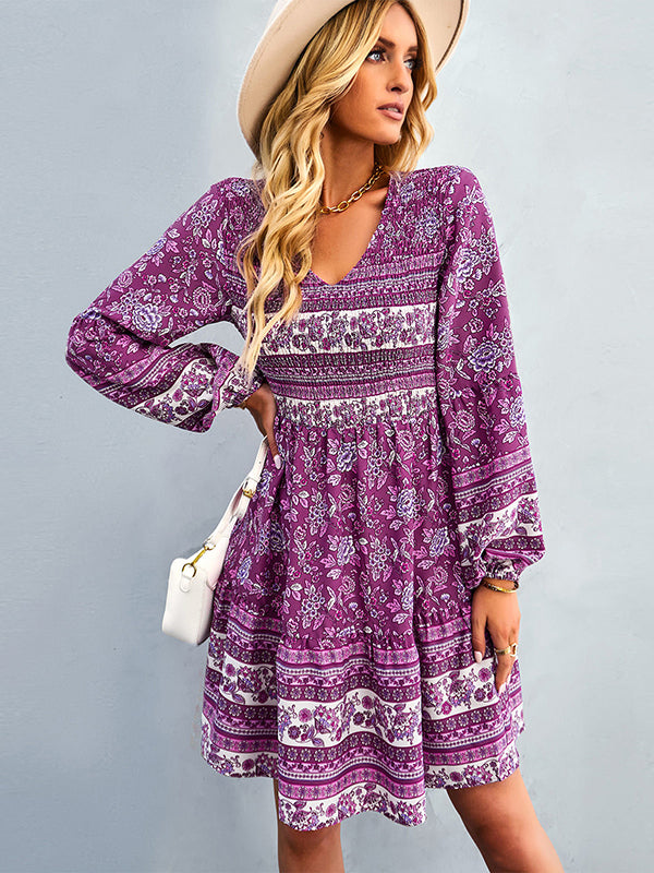 Bohemia A-Line Loose Floral Printed V-Neck Dress