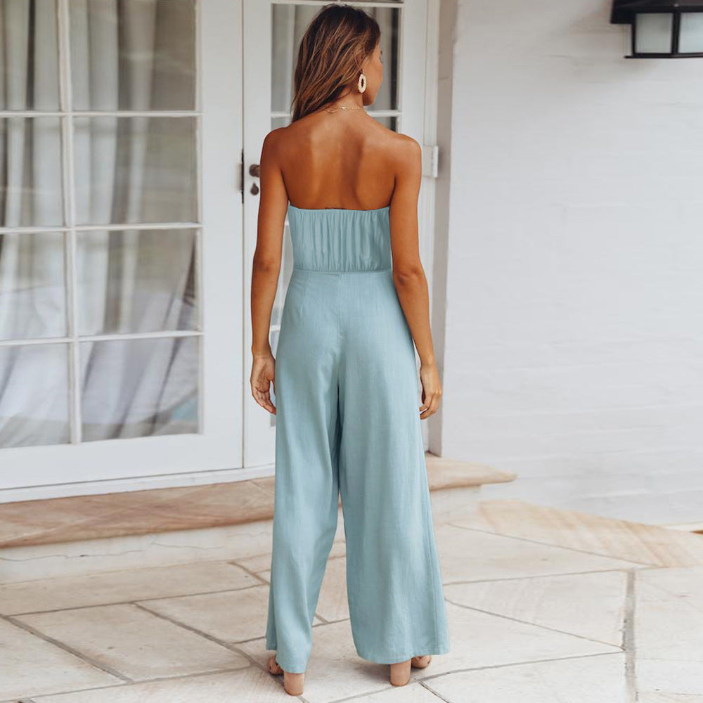 Fashion Bandeau Solid Color  High Waist  Jumpsuit