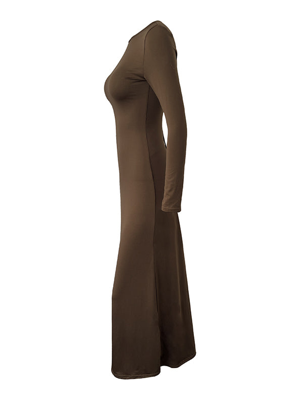 Backless Hollow Solid Color Split-Side Bodycon Long Sleeves Round-Neck Maxi Dresses