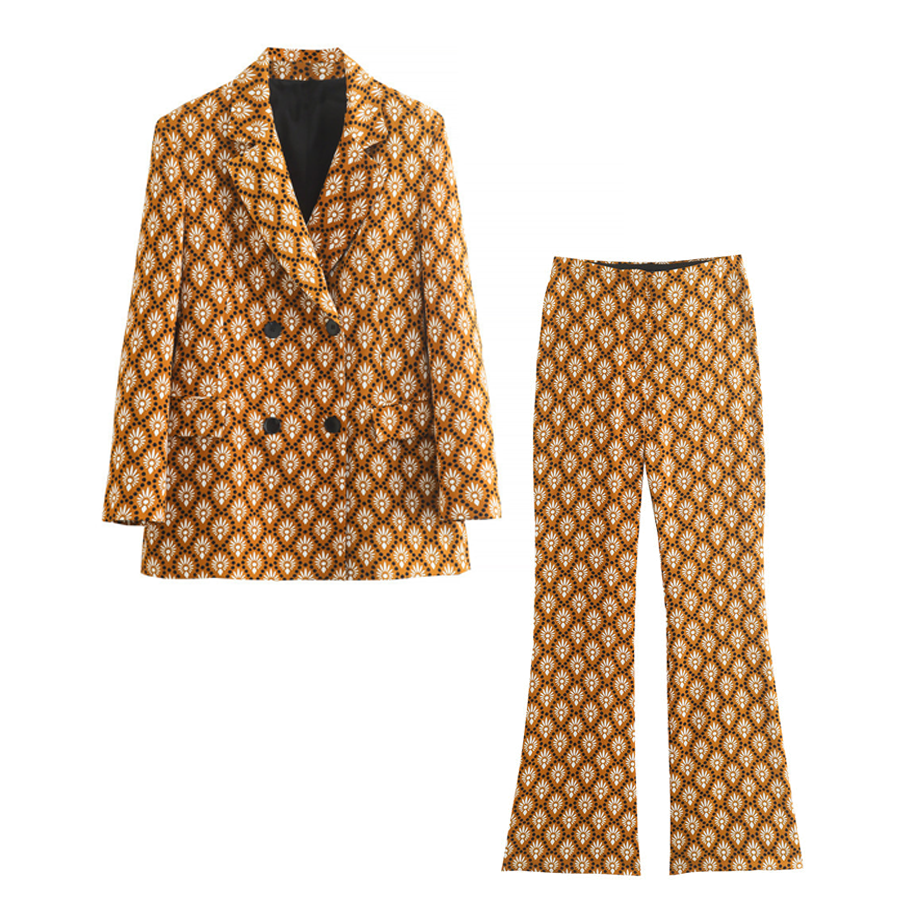 Flaxmaker Double Breasted Retro Printed  Blazer Two Piece Set