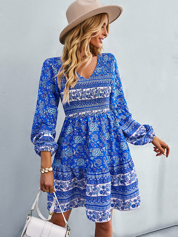 Bohemia A-Line Loose Floral Printed V-Neck Dress