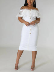 Off Shoulder Mesh Pearl Button Dress