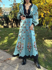 Flower Printed Color-Block Loose Long Sleeves Elegant Maxi Dresses