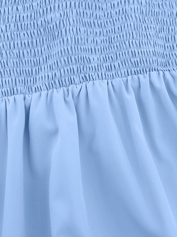 Elasticity Pleated Solid Color Split-Joint Tiered Loose Puff Sleeves Off-the-shoulder Mini Dresses