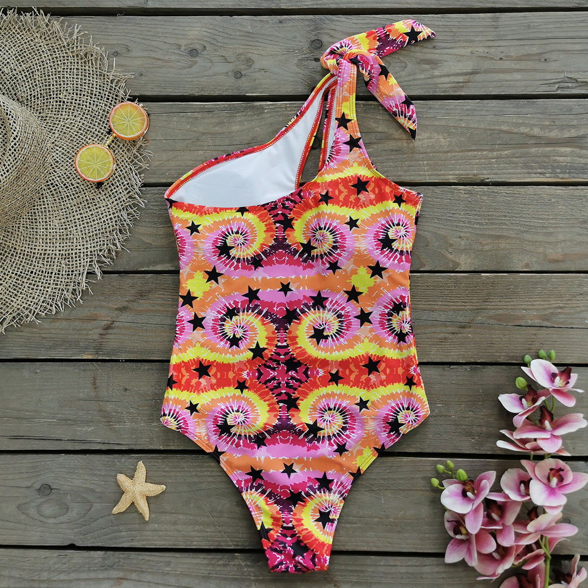 One Shoulder Printed One Piece Swimsuit and Sarong