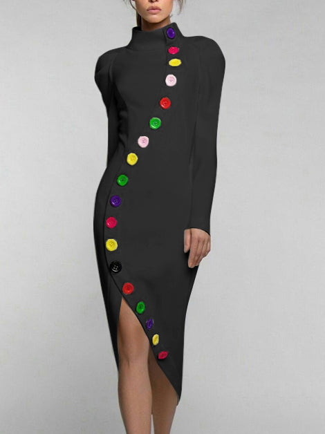Buttoned Contrast Color Long Sleeves High Neck Midi Dresses