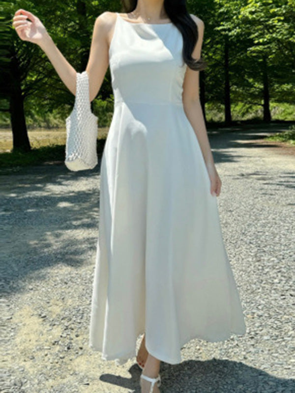 Solid Color A-Line High Waisted Spaghetti-Neck Maxi Dresses