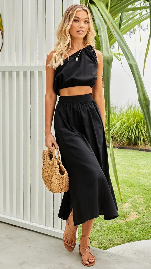 Solid Color One Shoulder Top and Skirt