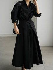 Buttoned Solid Color Long Sleeves Loose Lapel Midi Dresses