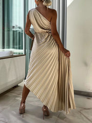 Solid Color Off-The-Shoulder Sleeveless Flower Asymmetric Pleated Maxi Dresses