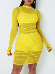 Mesh Ruched Midi Dress Vest Top Shorts Set