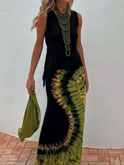 Tie-Dye Printed Sleeveless V-Neck Bohemia Maxi Dresses