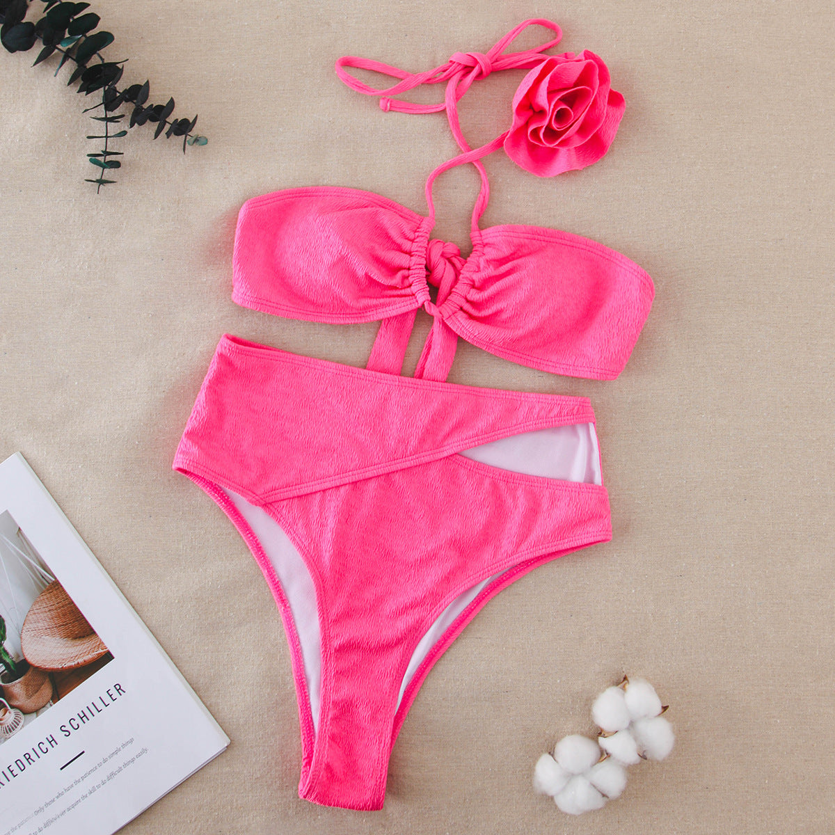Halter 3D Flower Color Block Bikini Swimsuit