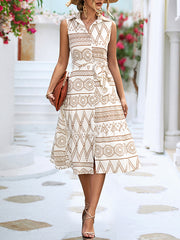 Buttoned Printed Tied Waist Sleeveless Lapel Collar Midi Dresses