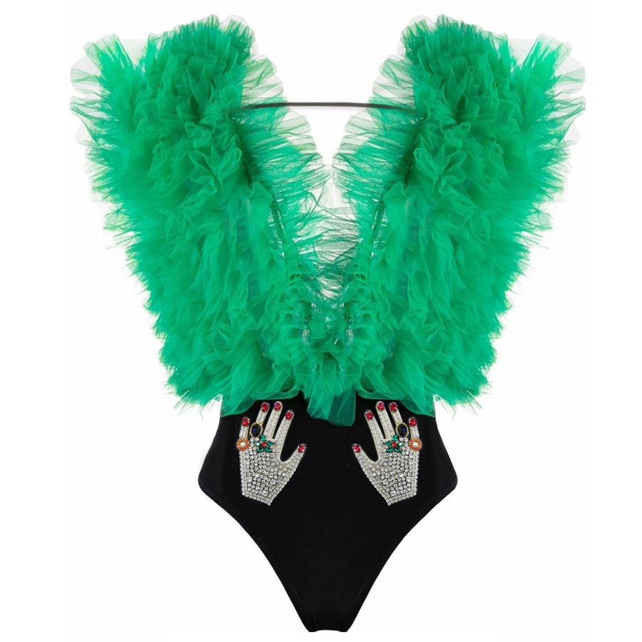 Halloween Special Limited Edition Plunging V Neck Ruffled Tulle One Piece Swimsuit