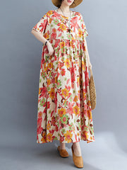 Pleated Printed Split-Joint Loose Short Sleeves Round-Neck Midi Dresses