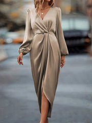 Pleated Solid Color Split-Joint Loose Puff Sleeves V-neck Midi Dresses