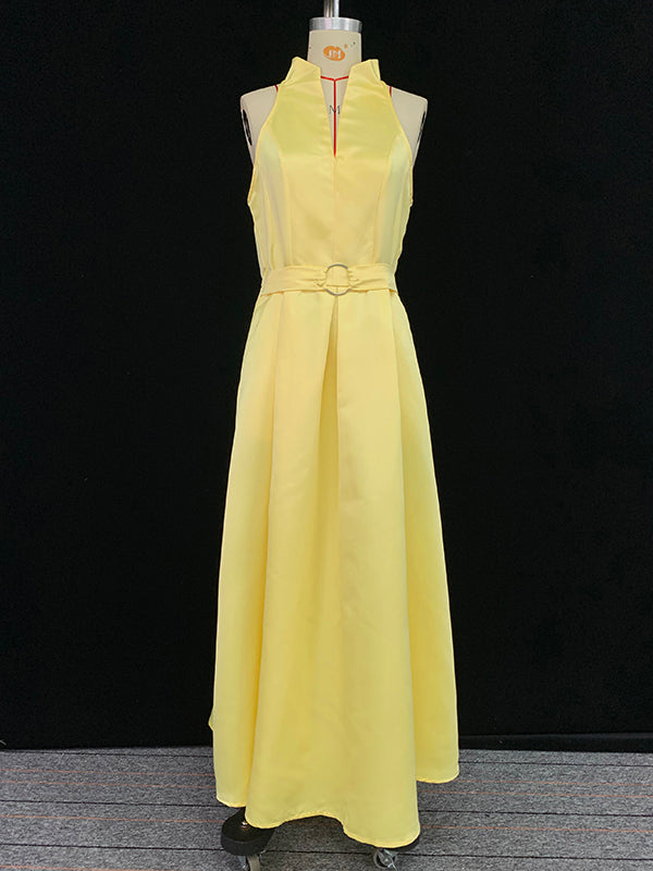 Belted Pleated Pockets Solid Color A-line Loose V-neck Midi Dresses
