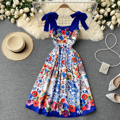Bowknot Retro Printed Dress and Cardigan