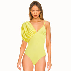 Asymmetrical Sling Solid Color One Piece Swimsuit and Skirt Flaxmaker