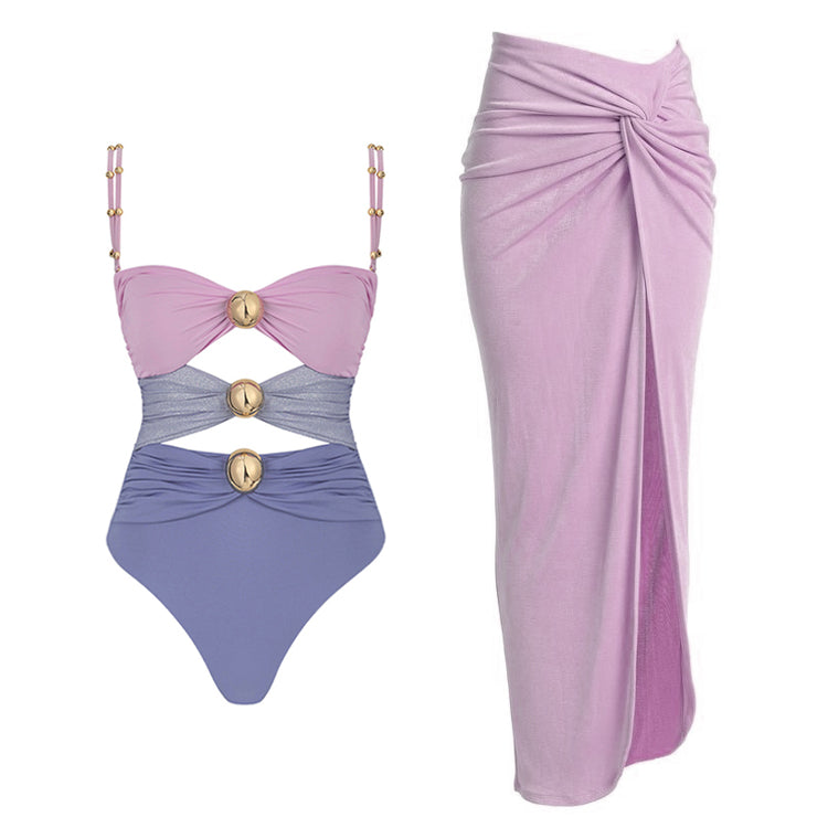 Color Block One Piece Swimsuit And Sarong