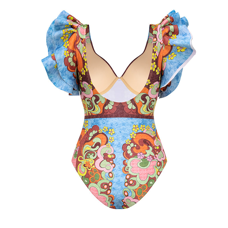 V Neck Ruffle Underwired Printed Backless One Piece Swimsuit and Skirt(Shipped on Jan 11th)