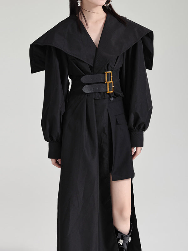 Asymmetric Belted Pleated Solid Color High Waisted Long Sleeves Lapel Midi Dresses