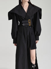 Asymmetric Belted Pleated Solid Color High Waisted Long Sleeves Lapel Midi Dresses