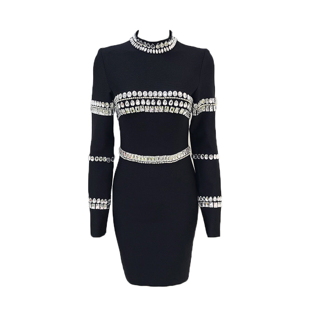 Rhinestone Long-sleeved Bandage Mini Dress