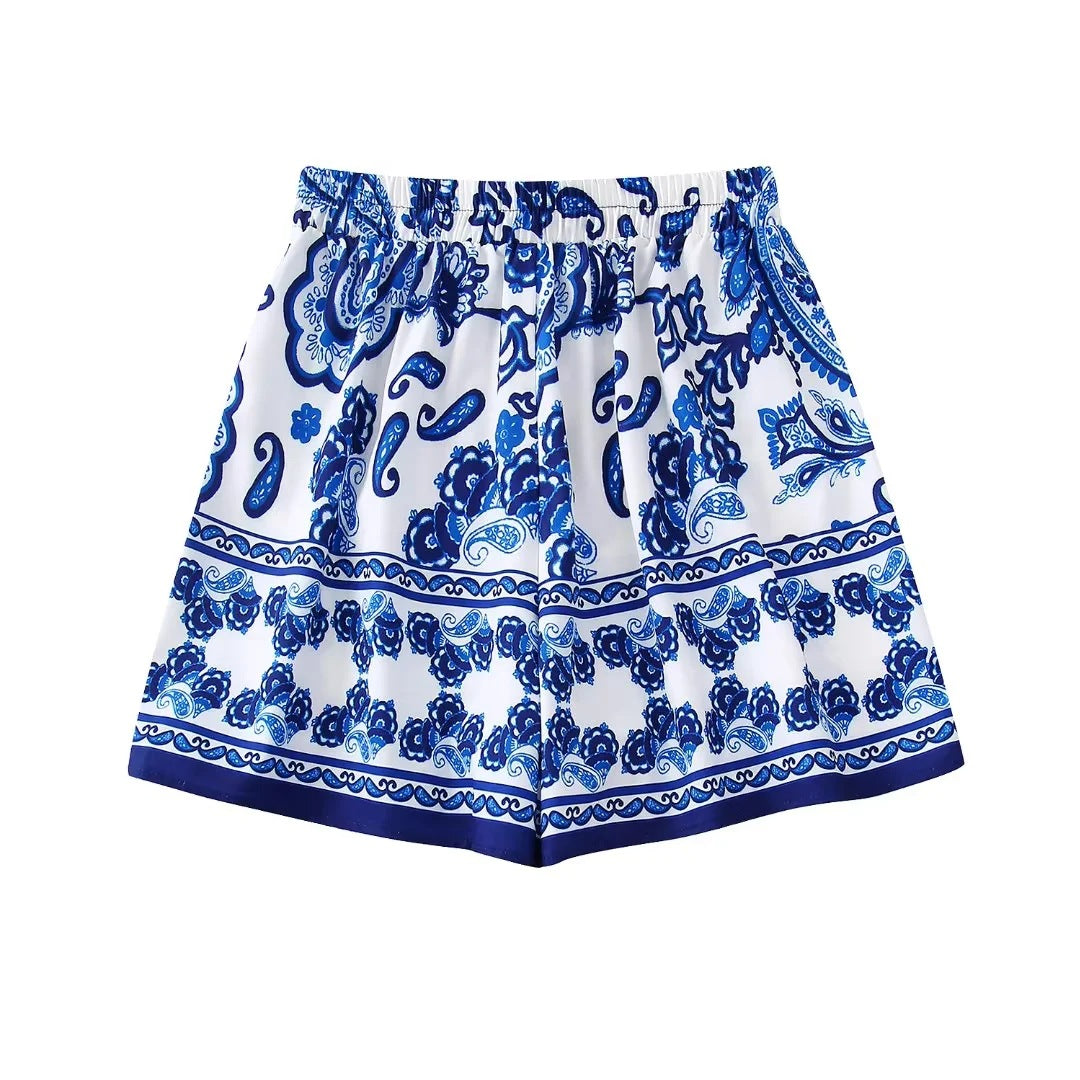 Flaxmaker Fashion Casual Blue and White Porcelain Prined  Two Piece Set