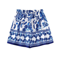 Flaxmaker Fashion Casual Blue and White Porcelain Prined  Two Piece Set