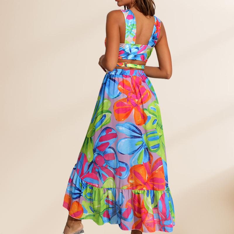 Floral Printed One Piece Swimsuit and Skirt