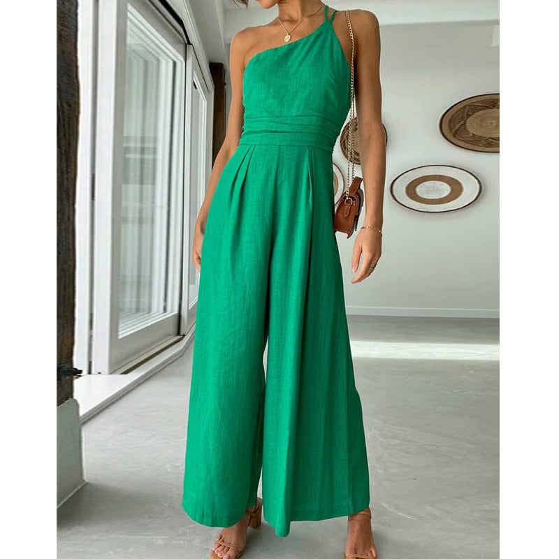 Fashion One Shoulder Solid Color  High Waist  Jumpsuit