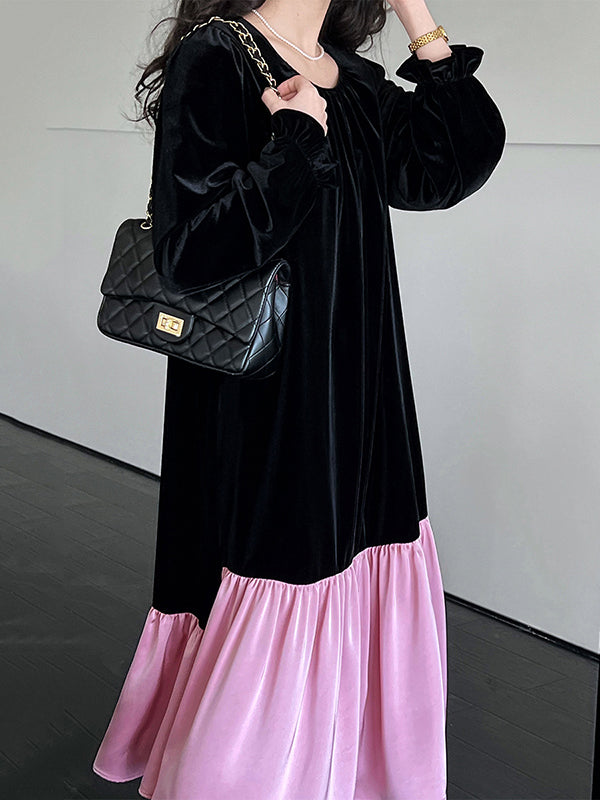 Contrast Color Pleated Ruffled Split-Joint Velvet Flared Sleeves Long Sleeves Round-Neck Midi Dresses