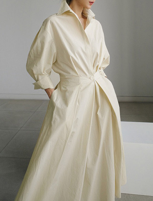 Long Sleeves Loose Pleated Solid Color Split-Joint Tied Waist Lapel Midi Dresses Shirt Dress